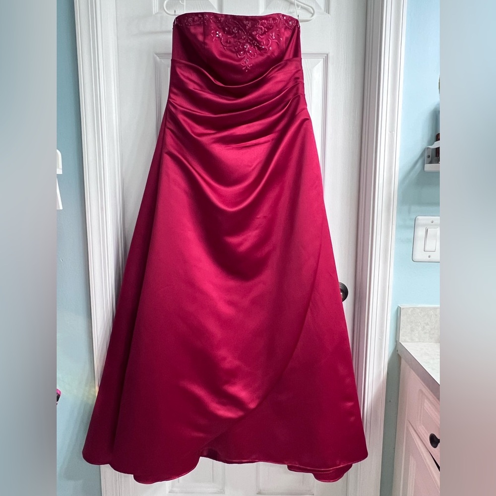 David's Bridal Strapless Wine Satin A-Line Gown